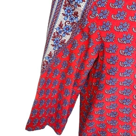 Ramona Rull Maxi Dress Vintage Red Blue Pattern Cotton Pockets Belt Puff Sleeves - Picture 9 of 12